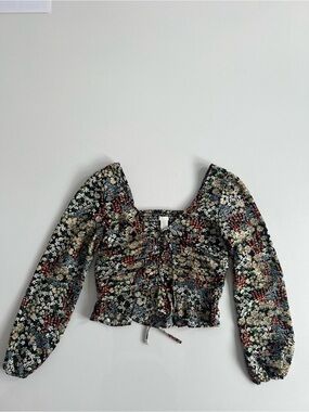H&M Black Floral Square-Neck Smocked Tie-Front Top